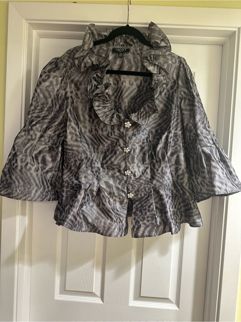 Chetta B Gray & Black Ruffled Animal Print Jacket